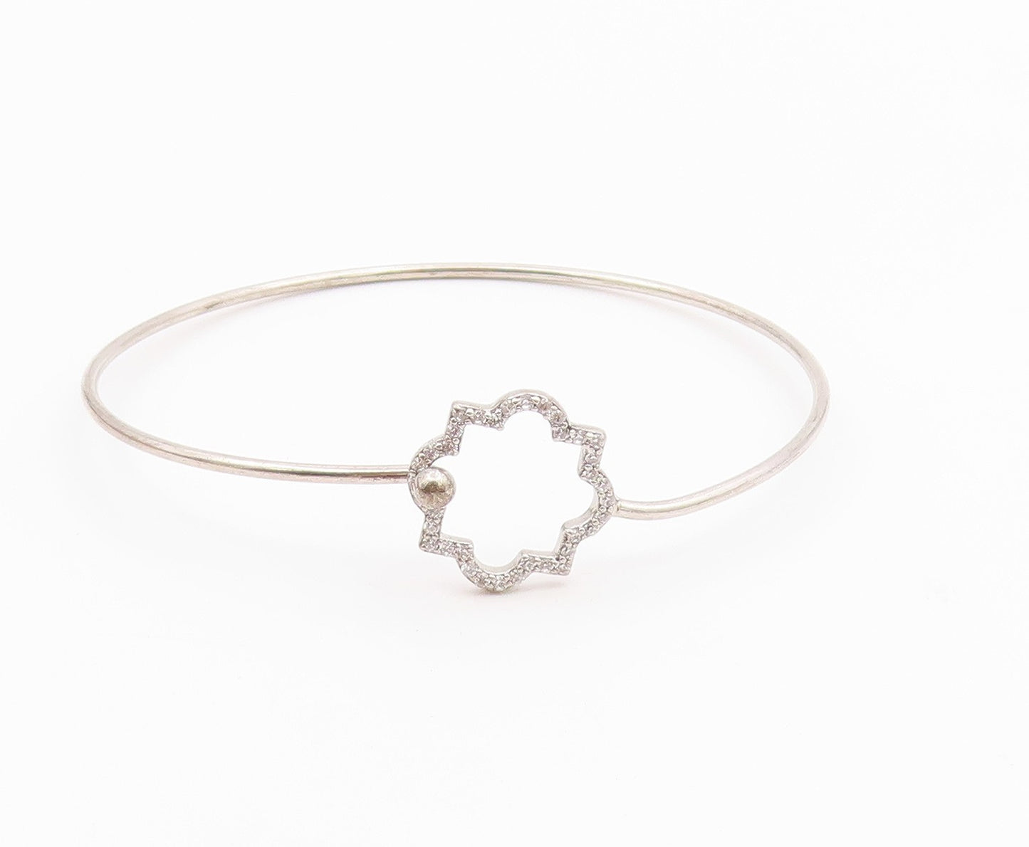 925 Sterling Silver  Shiny Topaz Open Flower Motif Bangle Bracelet  BT5254