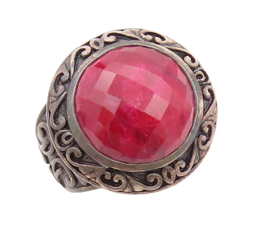 925 Sterling Silver Vintage Ring Dark Tone Swirly Carved Red Gem  Sz 10  RG30290