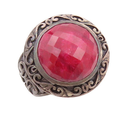 925 Sterling Silver Vintage Ring Dark Tone Swirly Carved Red Gem  Sz 10  RG30290