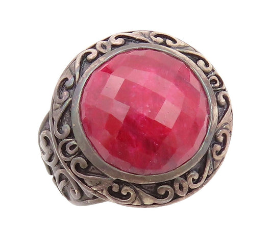 925 Sterling Silver Vintage Ring Dark Tone Swirly Carved Red Gem  Sz 10  RG30290