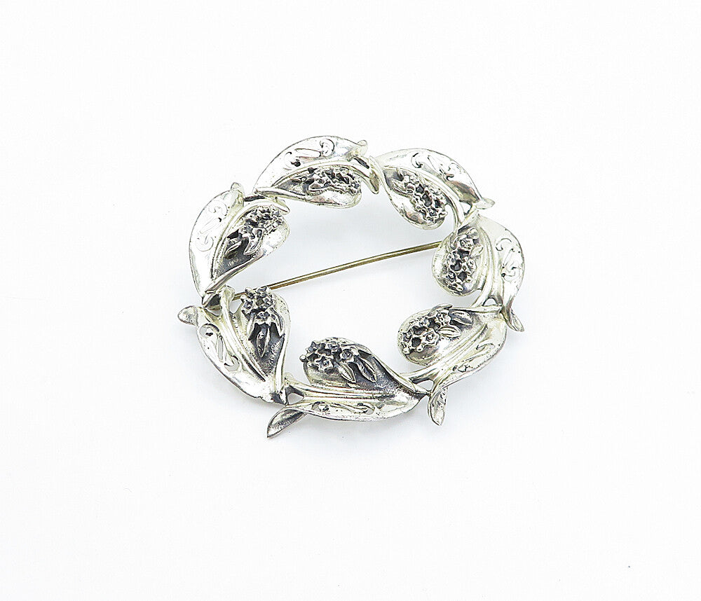 925 Sterling Silver  Vintage Swirl Pattern Floral Wreath Brooch Pin  BP1265