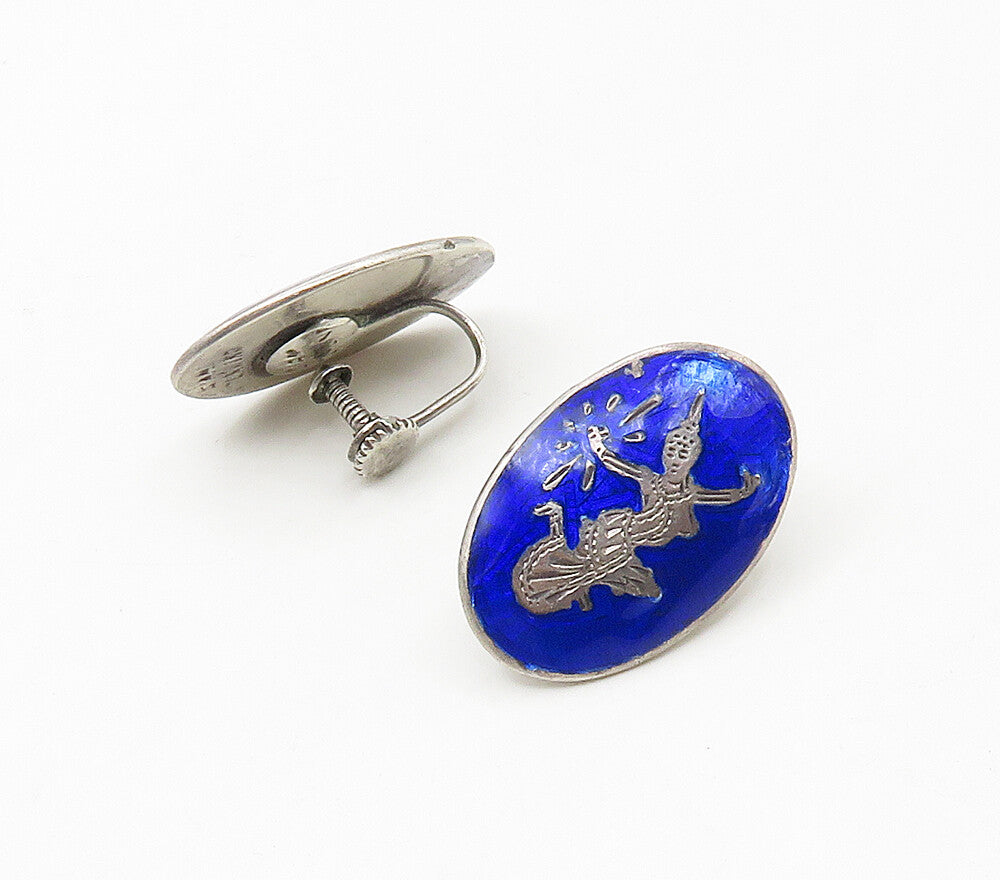 SIAM 925 Sterling Silver  Vintage Blue Enamel Non Pierce Earrings  EG8731