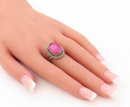 925 Sterling Silver Vintage Ring Oval Cabochon Pink Gemstone  Sz 8.5  RG30569