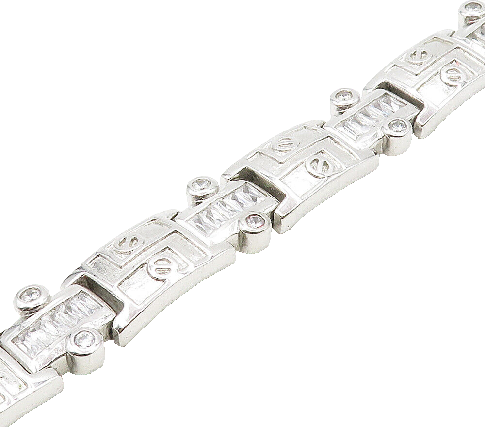925 Sterling Silver  Shiny Cubic Zirconia Hinge Link Chain Bracelet  BT6467
