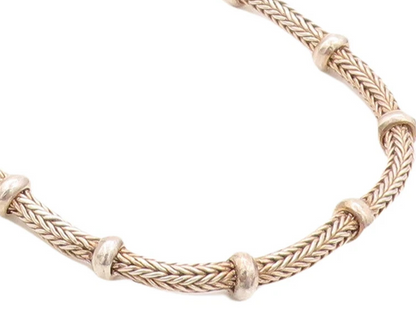 925 Sterling Silver Vintage Necklace BALI Carved Wheat Chain Beaded Rings NE4359