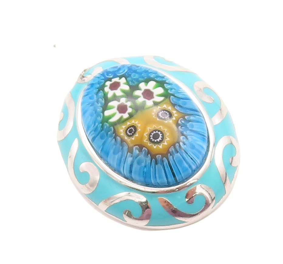 925 Sterling Silver Vintage Pendant Oval Enameled Chinese Floral Design PT23757