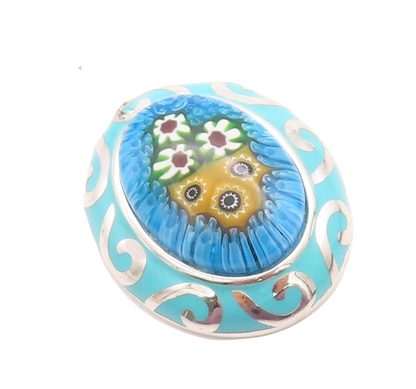 925 Sterling Silver Vintage Pendant Oval Enameled Chinese Floral Design PT23757