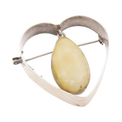 925 Sterling Silver Vintage Brooch Pin MEXICO Heart Dangling Gemstone  BP11558