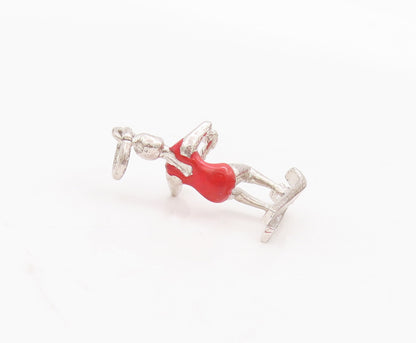 925 Sterling Silver Vintage Pendant Solid 3D Carved Enameled Skiing Girl PT23044