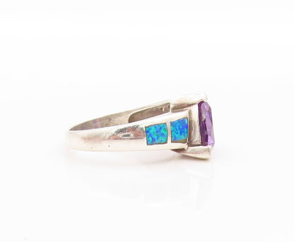 925 Sterling Silver Vintage Ring Faceted Amethyst & Fire Opal Band Sz 8 RG33498