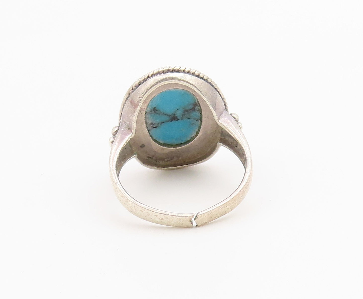 925 Sterling Silver Vintage Ring Turquoise Halo Beaded Edge Band  Sz 7  RG36728