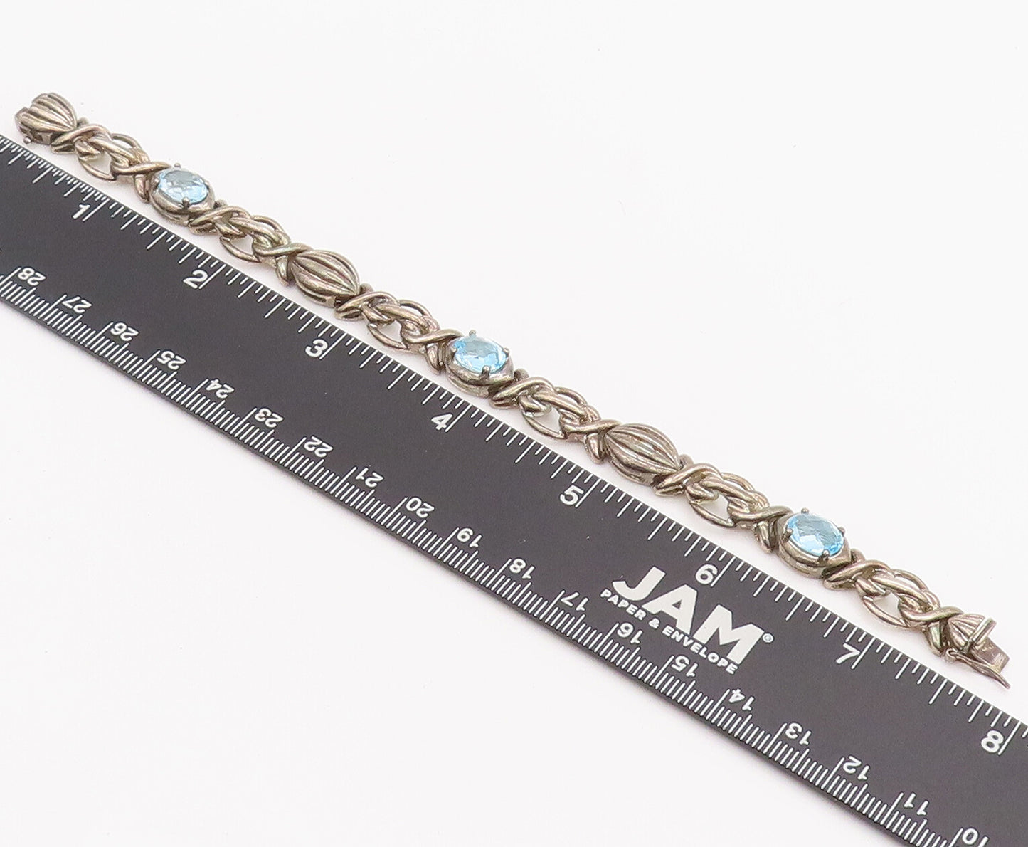 925 Sterling Silver Vintage Bracelet Blue Topaz Carved Knotted Link  BT10208