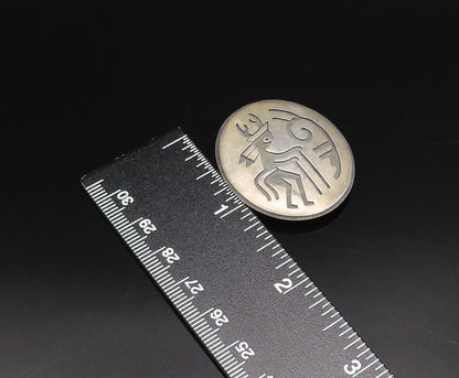 ZUNI NAVAJO 925 Silver  Vintage Carved Warrior Round Brooch Pin  BP10044