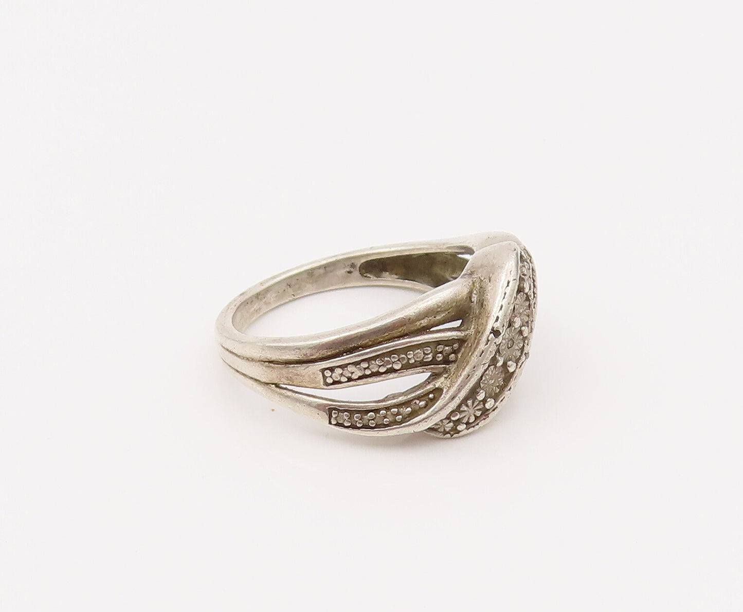 925 Sterling Silver  Vintage Swirly Highway Inlay Diamond Ring Sz 6.75 RG26669