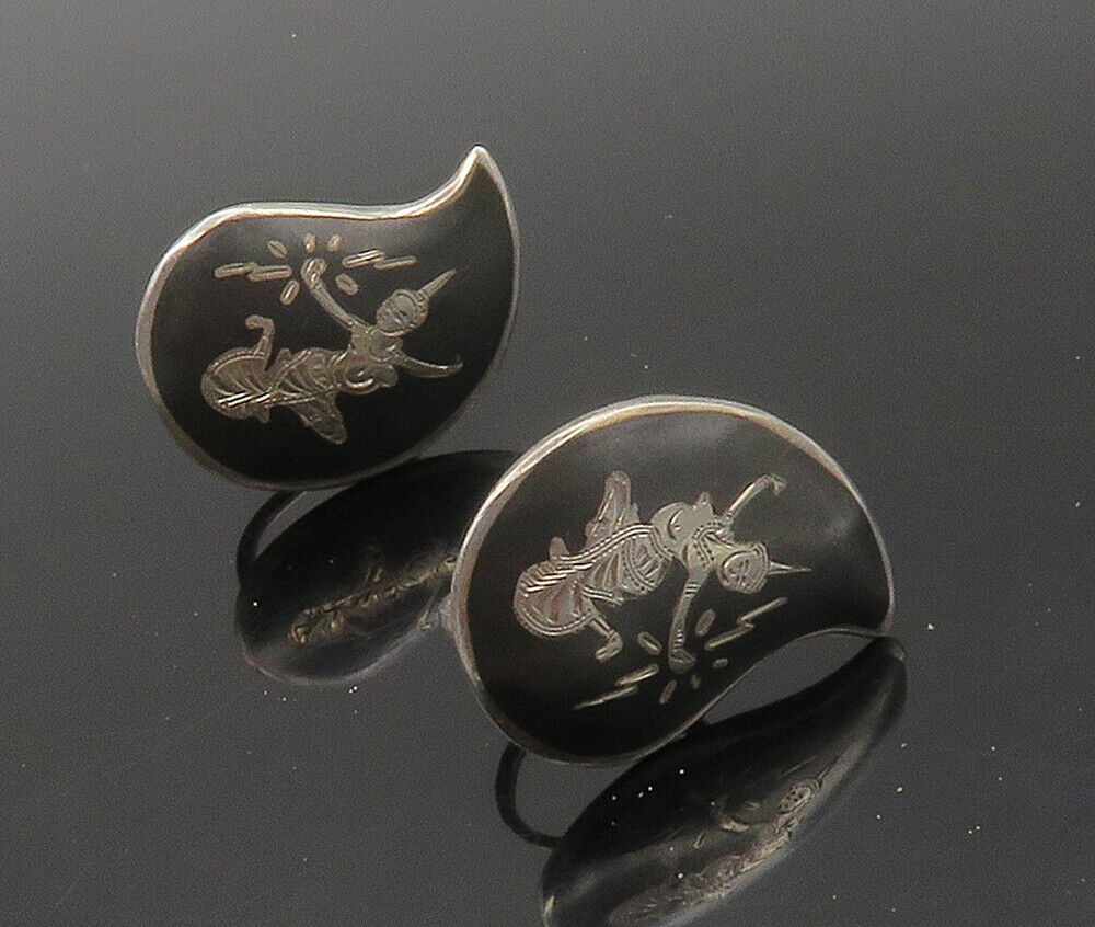 SIAM 925 Silver  Vintage Niello Enamel Dancer Non Pierce Earrings  EG8684