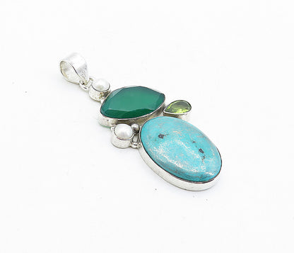925 Silver  Vintage Pearls Turquoise Peridot & Carnelian Drop Pendant  PT3371