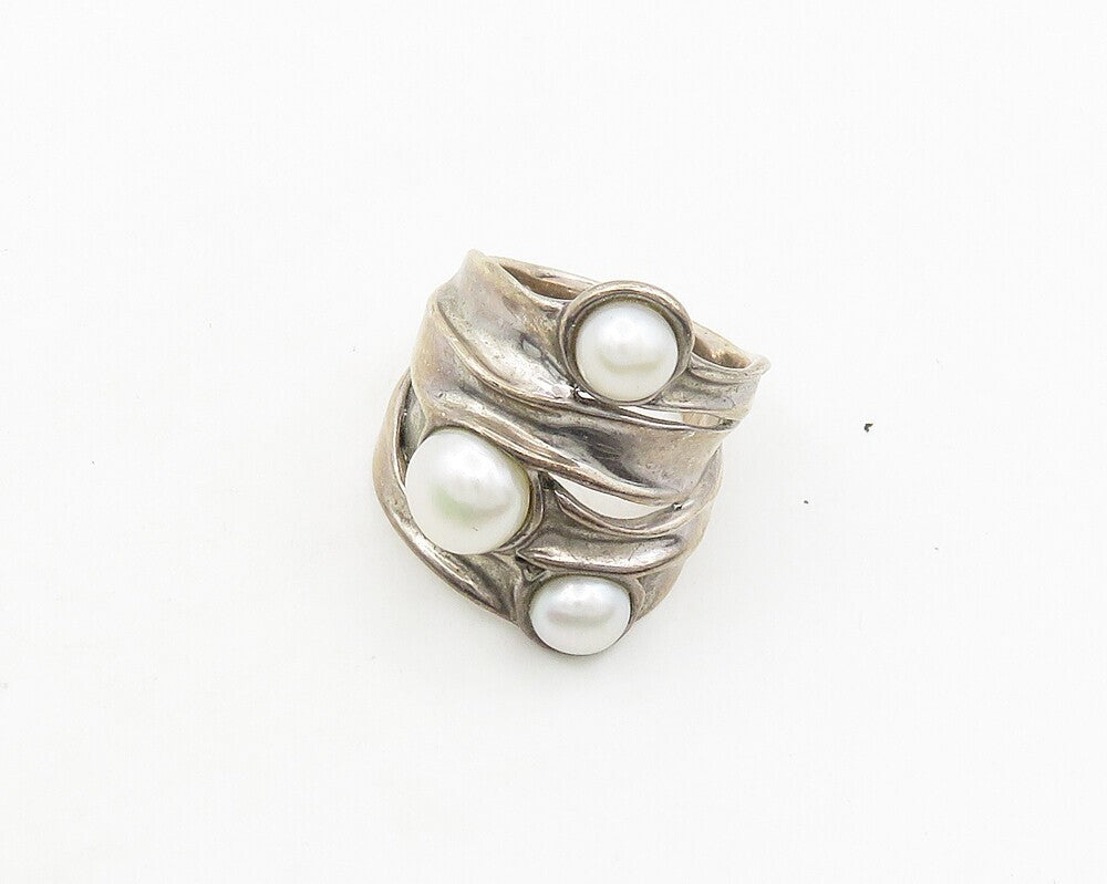 HAGIT GORALI 925 Sterling Silver Sterling Vintage 3 Pearls Ring Sz 5.5 RG18985