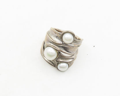 HAGIT GORALI 925 Sterling Silver Sterling Vintage 3 Pearls Ring Sz 5.5 RG18985