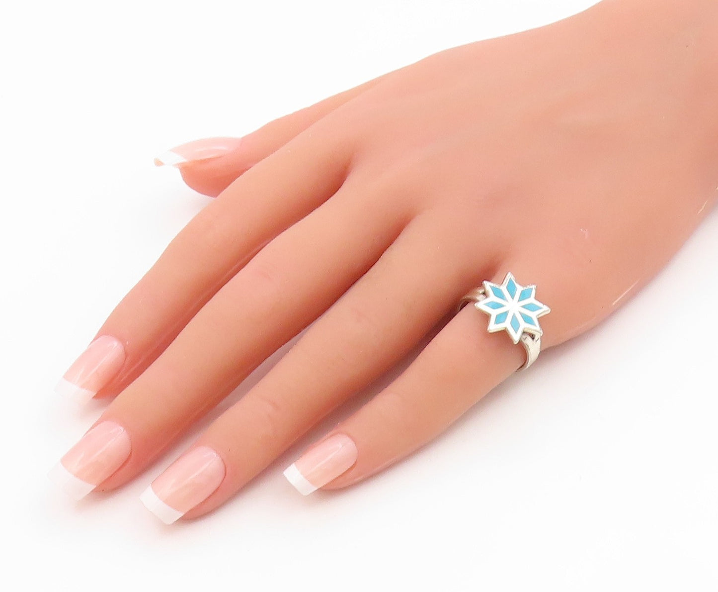 925 Sterling Silver Vintage Ring BELL Turquoise Geometric Flower Sz 7.5 RG35668