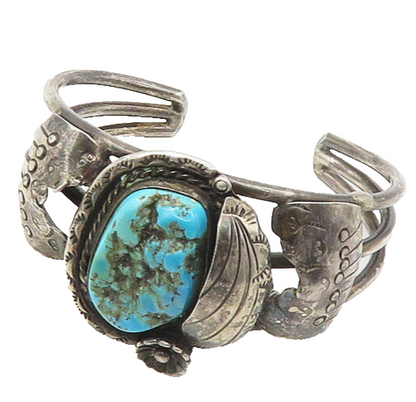 NAVAJO 925 Sterling Silver  Vintage Turquoise Floral Cuff Bracelet  BT7191