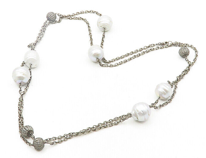 925 Silver  Vintage Genuine Diamonds & Baroque Pearls Chain Necklace  NE3218