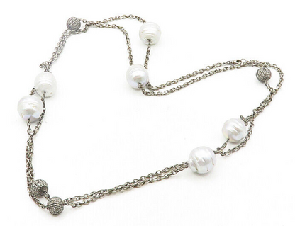 925 Silver  Vintage Genuine Diamonds & Baroque Pearls Chain Necklace  NE3218