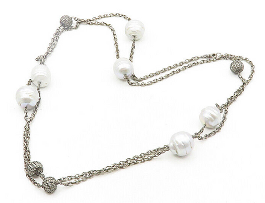 925 Silver  Vintage Genuine Diamonds & Baroque Pearls Chain Necklace  NE3218