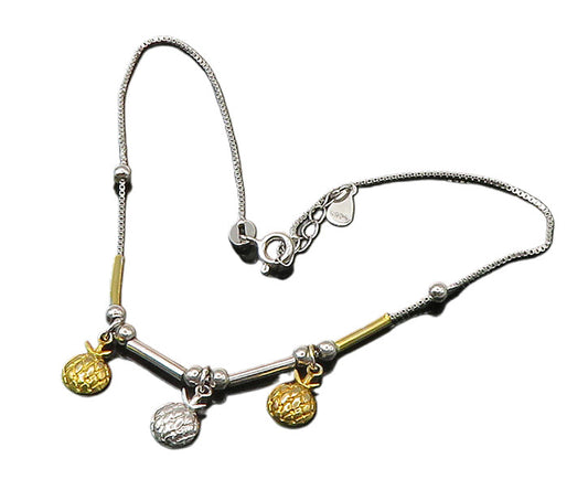 925 Sterling Silver  Vintage Shiny Two Tone Charmed Chain Bracelet  BT8750