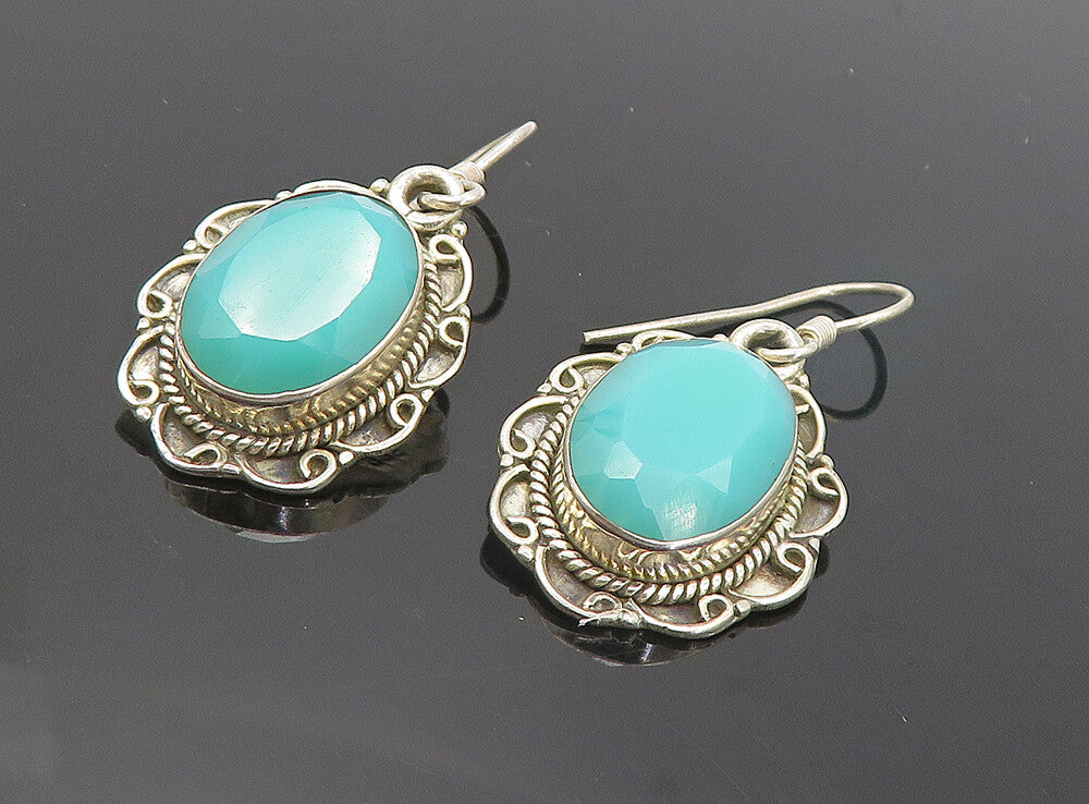 925 Sterling Silver Vintage Aqua Chalcedony Swirl Dangle Earrings EG3619