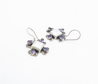 925 Sterling Silver  Vintage Square Pearl & Amethyst Drop Earrings  EG3083
