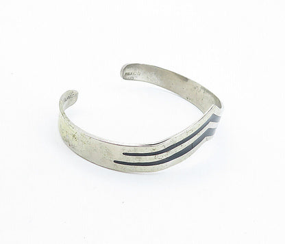MEXICO 925 Silver  Vintage Black Onyx Striped Pointed Cuff Bracelet  BT2522