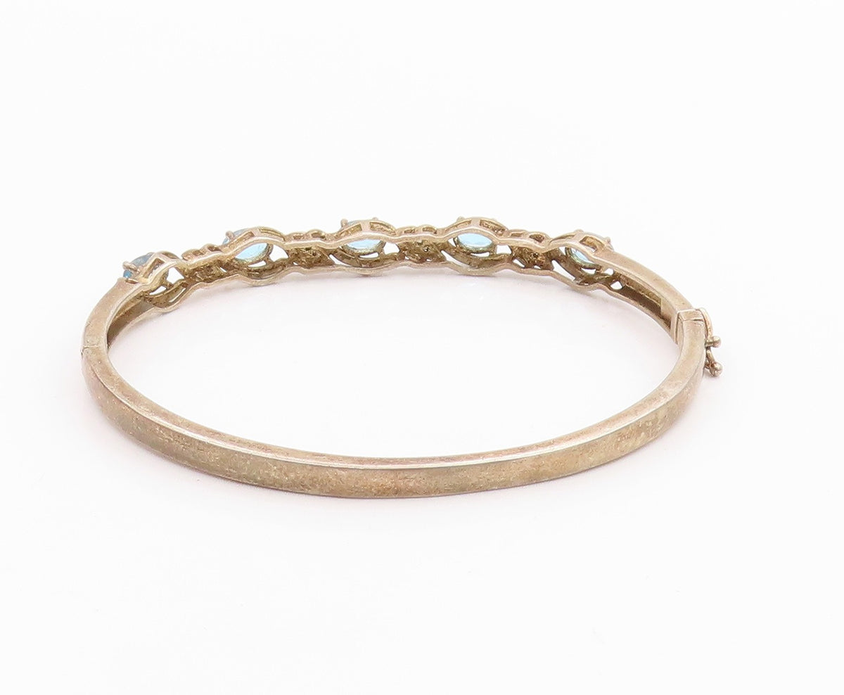 925 Sterling Silver Vintage Bracelet Swirly Diamonds & Oval Topaz Bangle BT11350