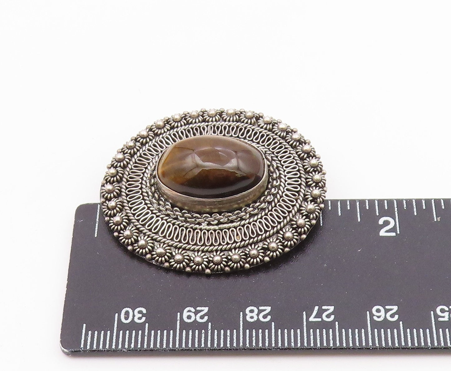 ISRAEL 925 Sterling Silver  Vintage Cabochon Tiger's Eye Brooch Pin  BP7901
