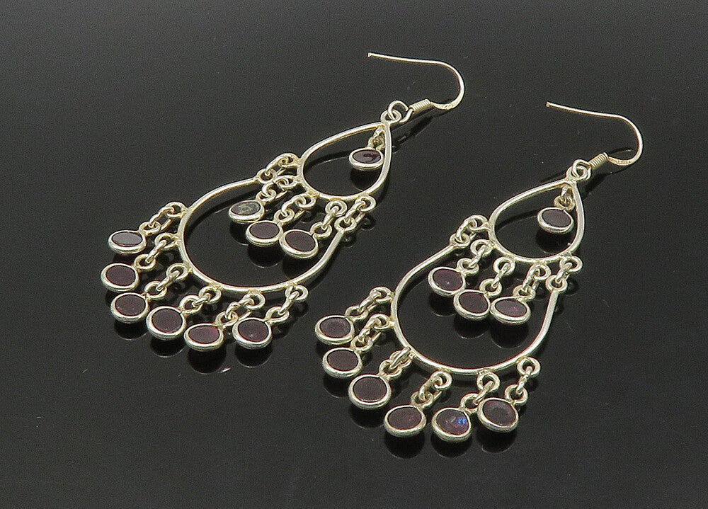 925 Sterling Silver  Vintage Cabochon Cut Garnet Chandelier Earrings  EG11138