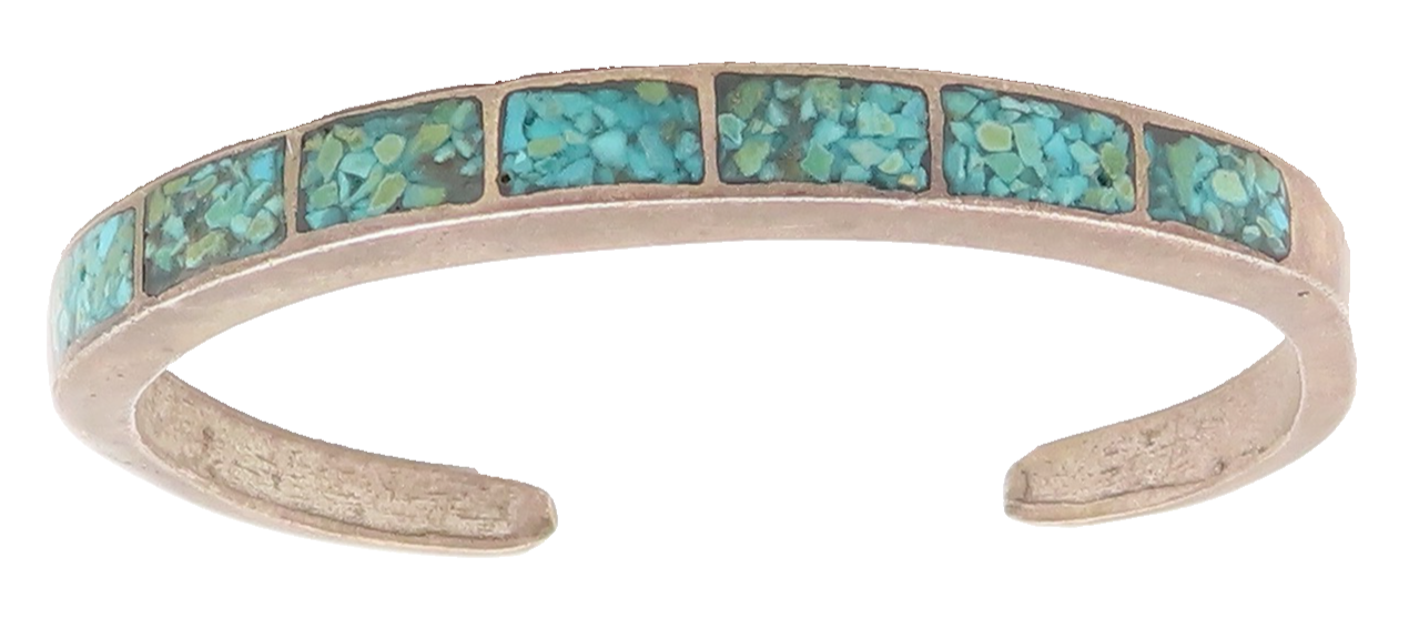 925 Sterling Silver Vintage Bracelet NAVAJO ZUNI Crushed Turquoise Inlay BT11886
