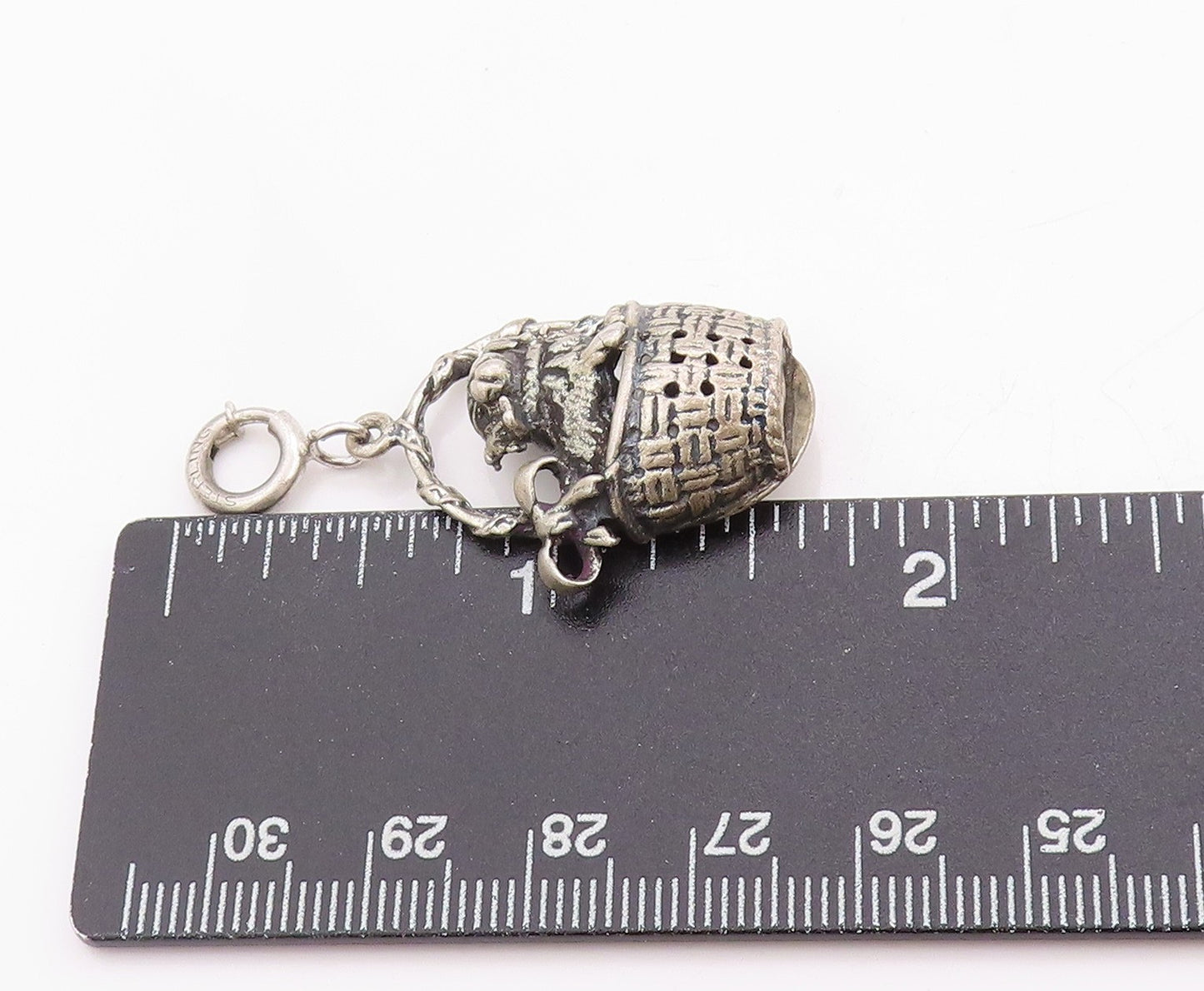 925 Sterling Silver Vintage Pendant Etched Bunny In Easter Basket Charm  PT24788
