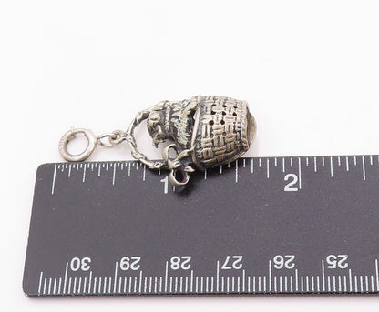 925 Sterling Silver Vintage Pendant Etched Bunny In Easter Basket Charm  PT24788