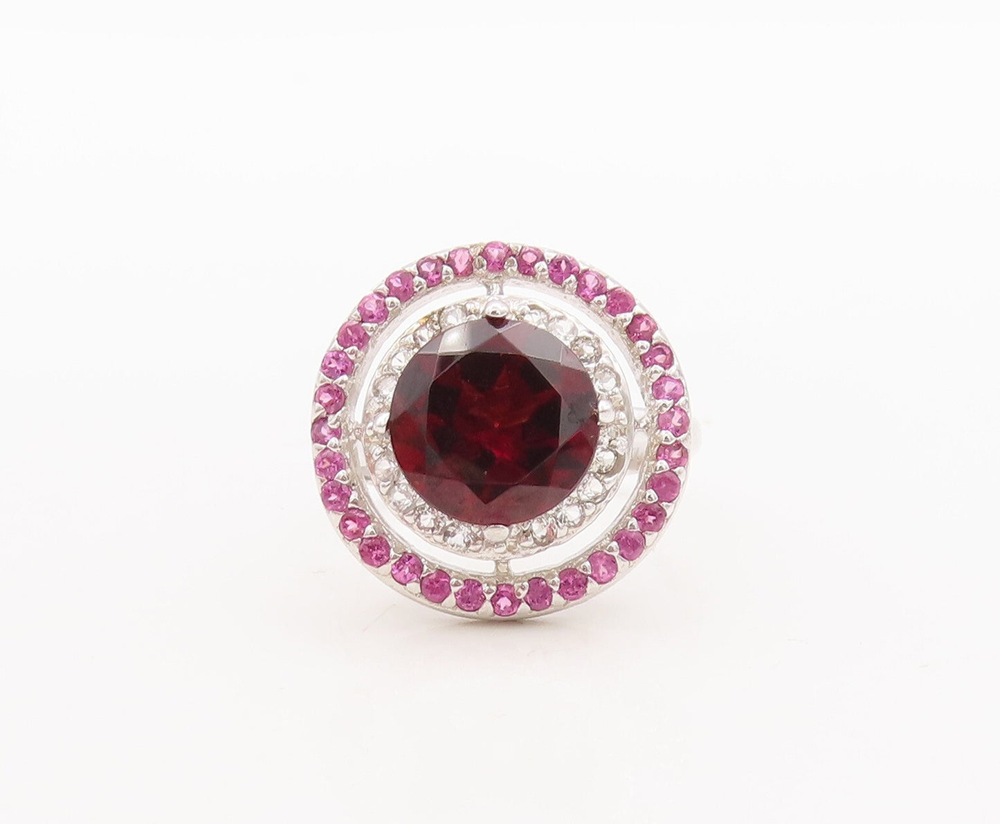 925 Sterling Silver Vintage Ring Round Red & Pink White CZ Rings Sz 7.5  RG29811