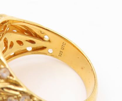 925 Sterling Silver Vintage Ring Gold Plated CZ Ribbed Dome Band  Sz 8  RG35916