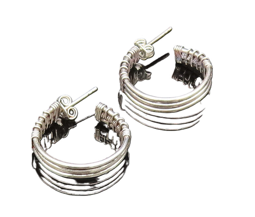 925 Sterling Silver  Vintage Wire Wrapped Three Rows Hoop Earrings  EG11769
