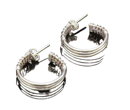 925 Sterling Silver  Vintage Wire Wrapped Three Rows Hoop Earrings  EG11769