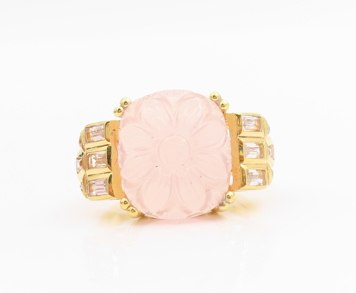925 Sterling Silver Vintage Ring Gold Plated Carved Rose Quartz  Sz 10  RG34172