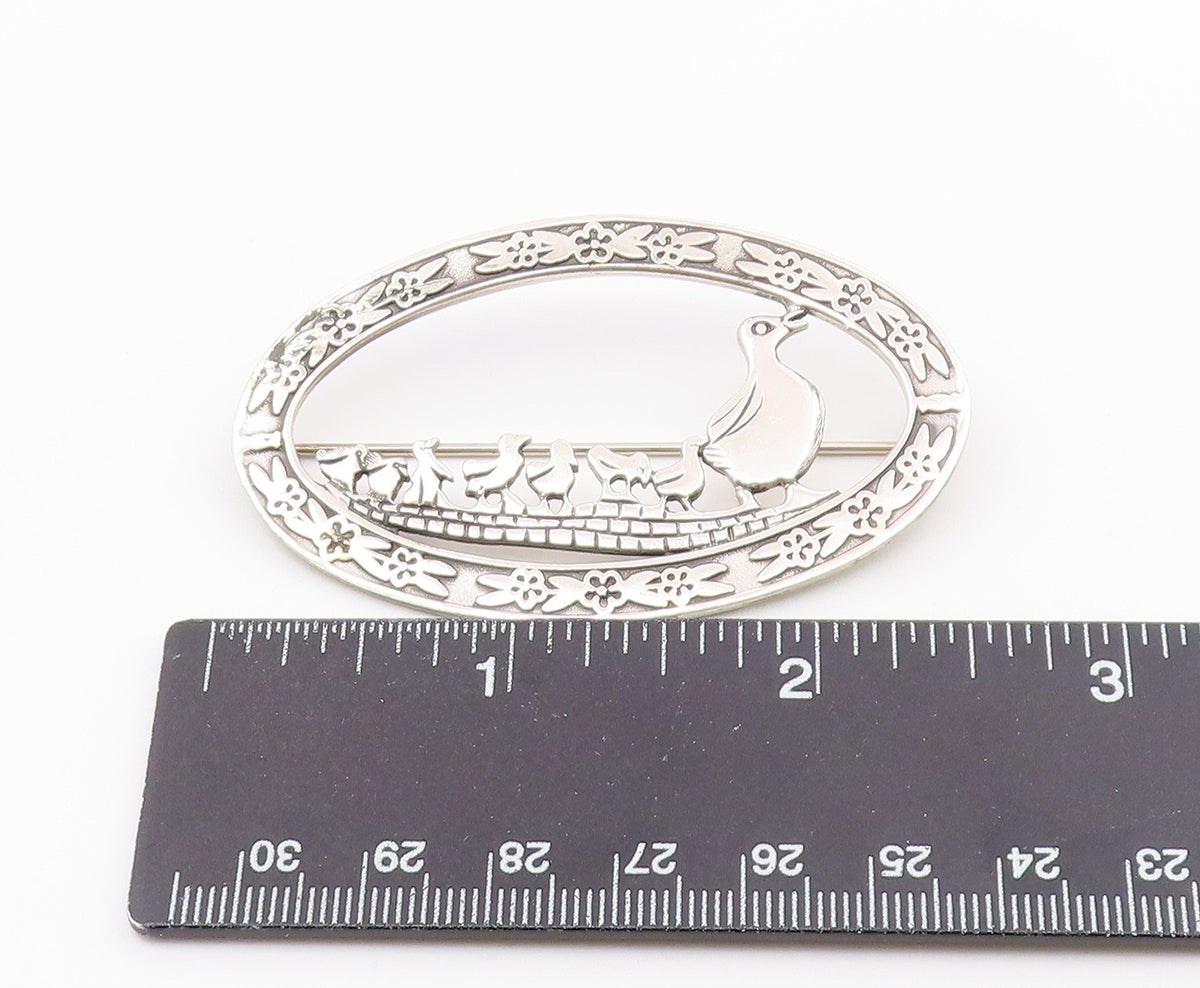 MIA 925 Sterling Silver  Vintage Mom & Baby Ducks Floral Brooch Pin  BP6755