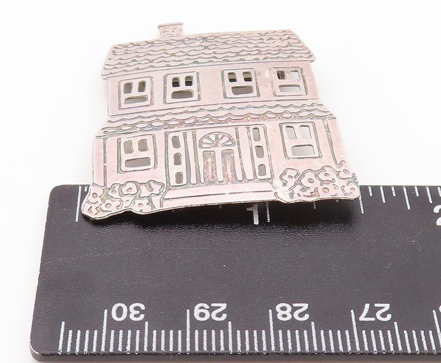 925 Sterling Silver Vintage Brooch Pin Solid Carved Family House  BP11192
