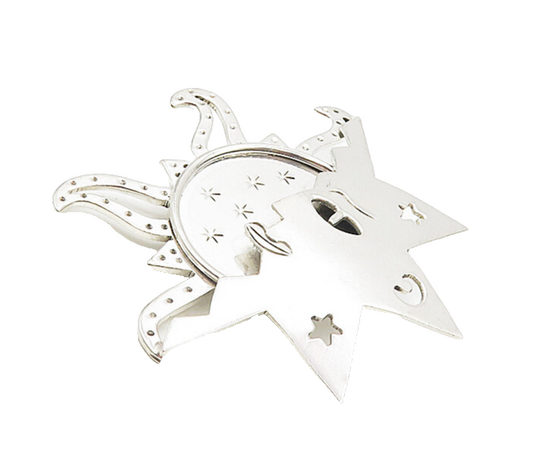 MEXICO 925 Sterling Silver  Vintage Shiny Sun Face & Stars Brooch Pin  BP3375