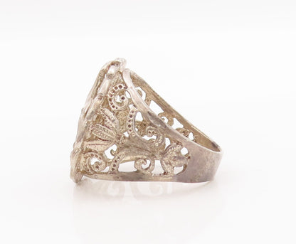 925 Sterling Silver Vintage Ring Swirly Carved Half Moon & Star Sz 11.5 RG28508