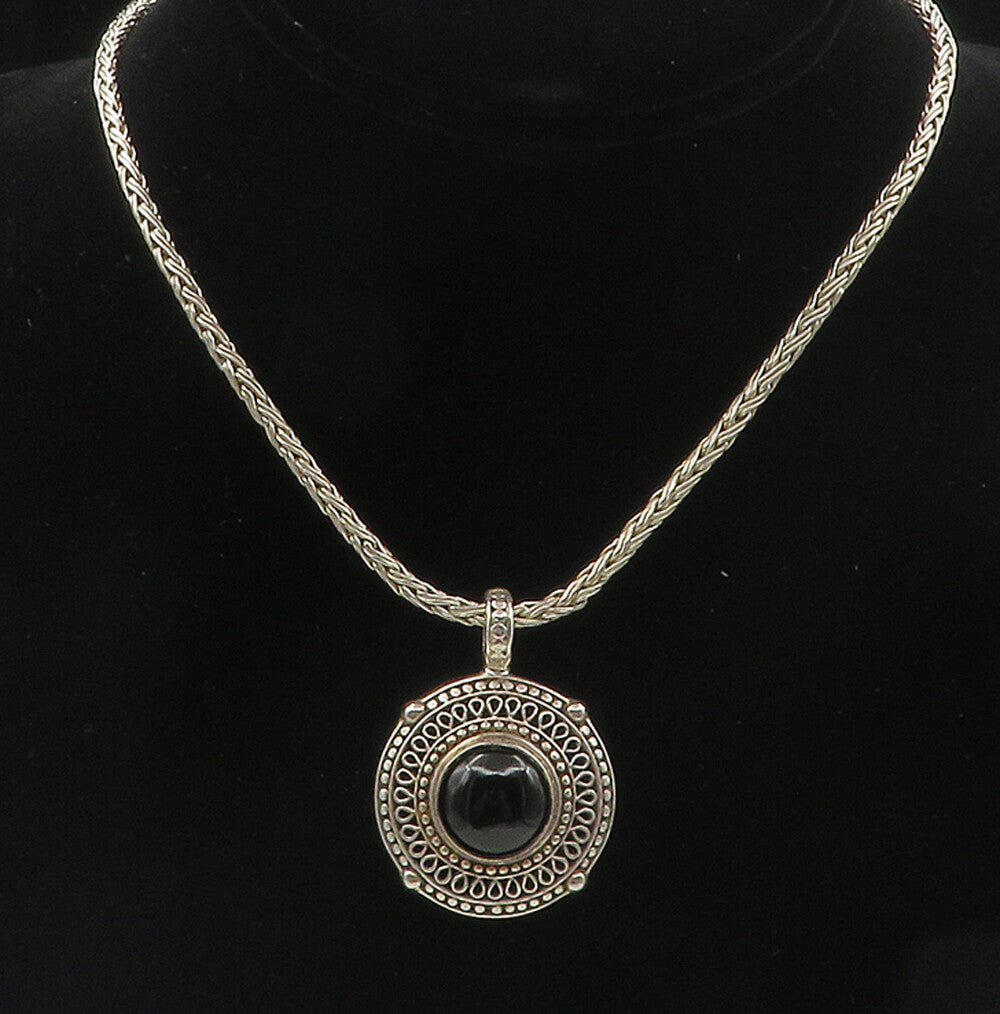925 Sterling Silver  Vintage Cabochon Black Onyx Swirl Chain Necklace  NE1792