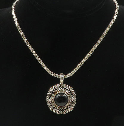 925 Sterling Silver  Vintage Cabochon Black Onyx Swirl Chain Necklace  NE1792