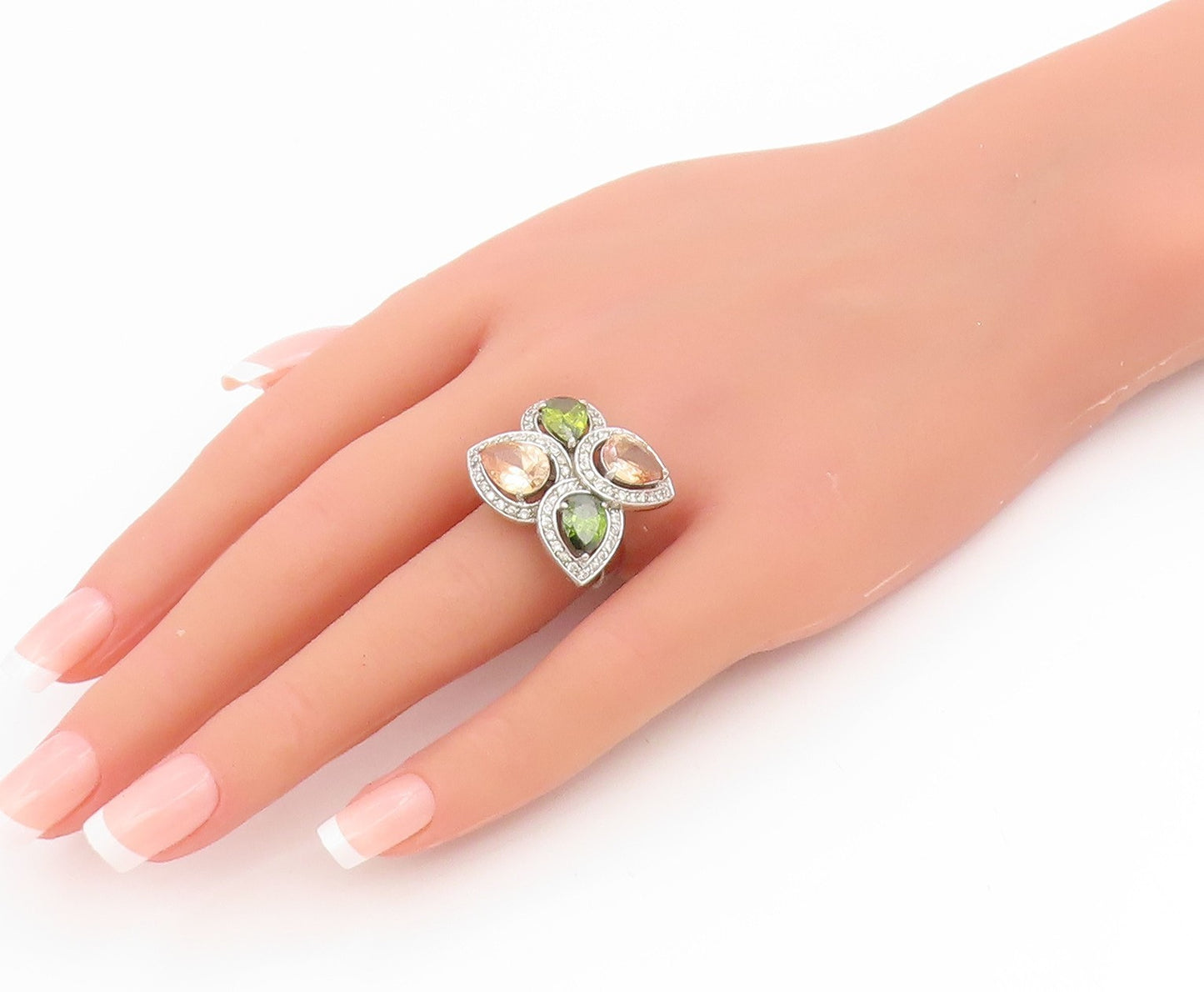 925 Sterling Silver Vintage Ring Pear Cut Gemstone Floral Band  Sz 7  RG34422