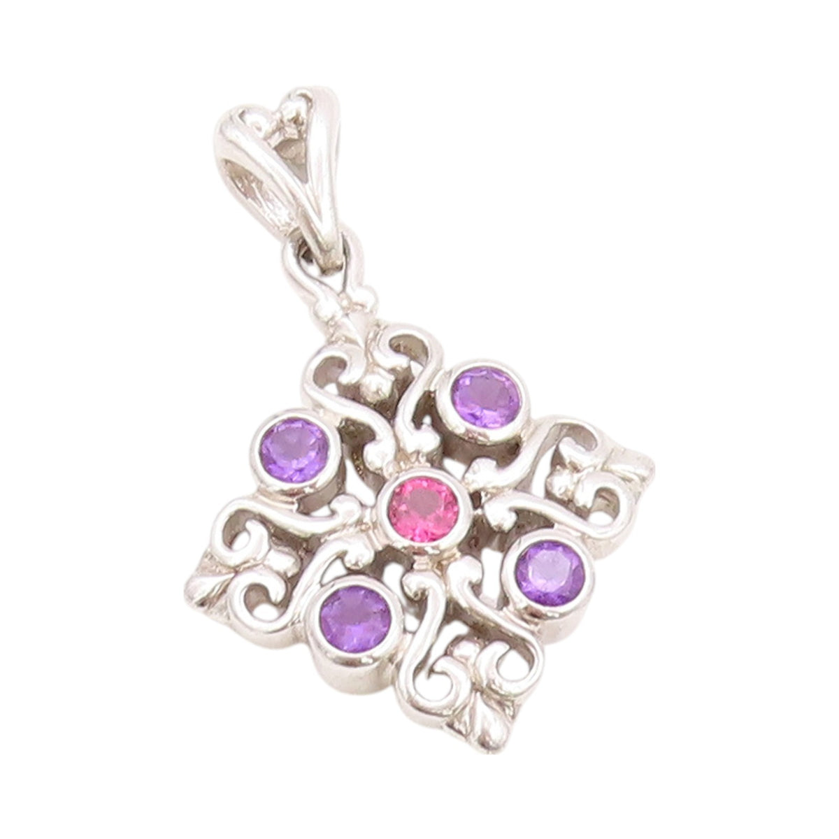 925 Sterling Silver Vintage Pendant MARYLIN & CO CZ Amethyst Hearts Cut  PT24051